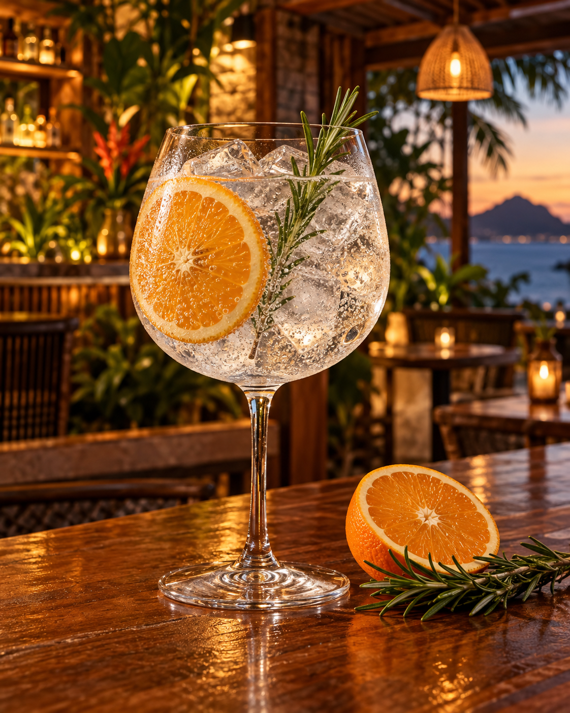 Sanctvm London Dry Gin servi avec Fever-Tree Indian Tonic Water, agrémenté de Orange wheel et Rosemary sprig