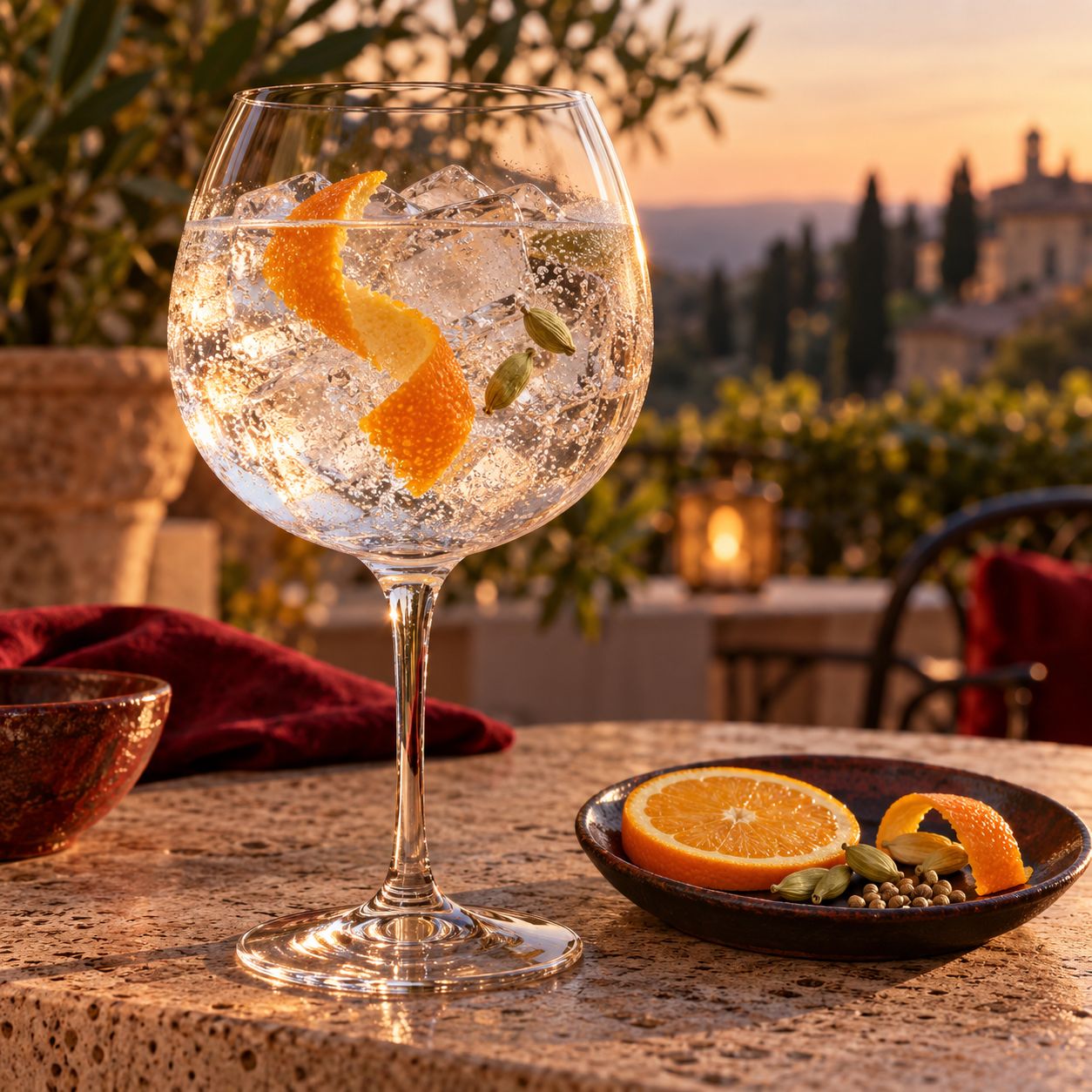 Latin Spice Gin served with Fever-Tree Indian Tonic Water, garnished with Orange peel twist and Green cardamom pods