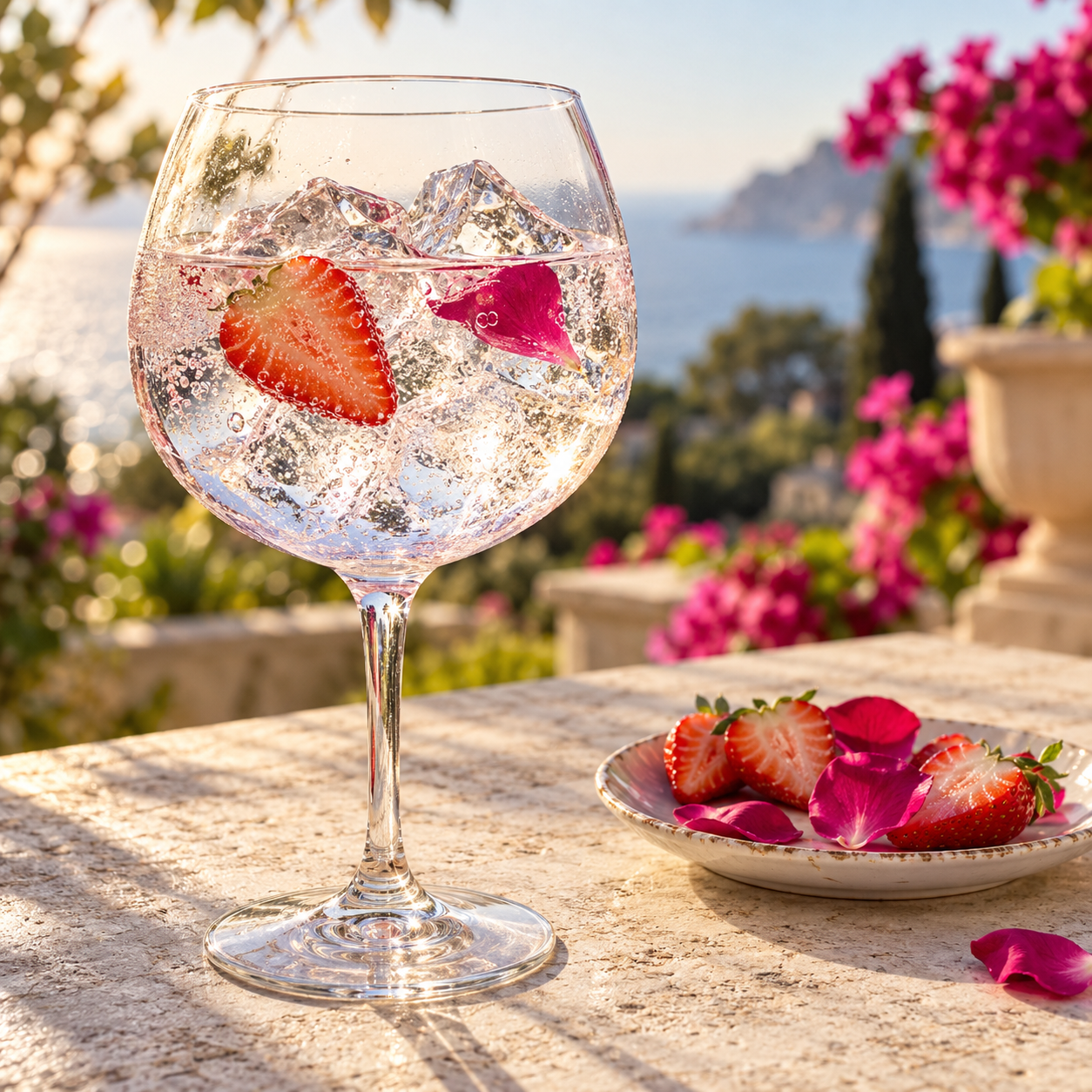 Latin Lover Gin served with Fever-Tree Indian Tonic Water, garnished with Fresh strawberry slice and Edible rose petal