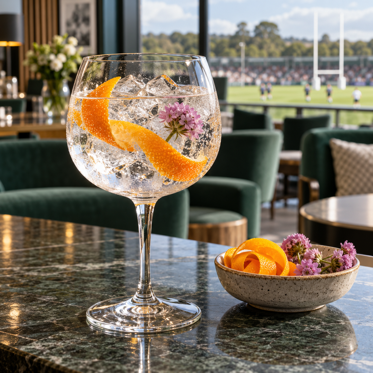 Ulster Rugby Irish Gin served with Fever-Tree Indian Tonic Water, garnished with Orange wheel
