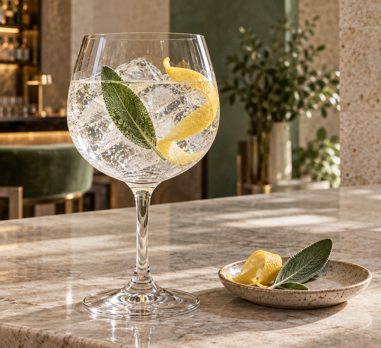 Teuchtler New Western Gin served with Fever-Tree Indian Tonic Water, garnished with Lemon twist and Sage leaf