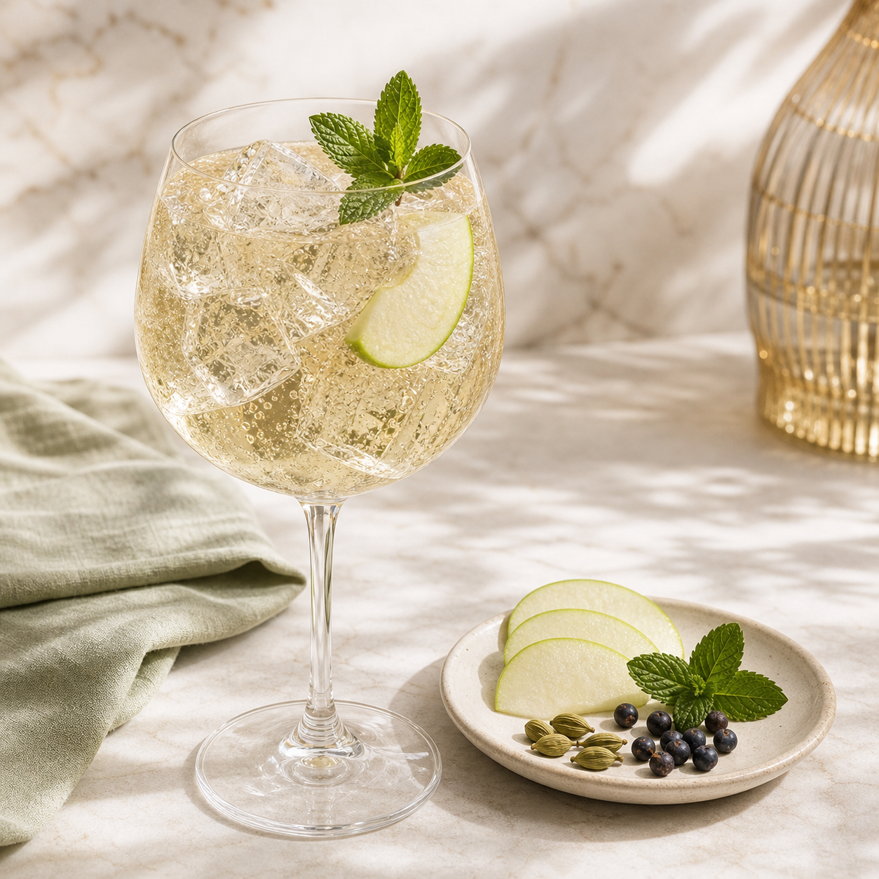 BUSS N°509 Belgian Apple Gin served with Fever-Tree Mediterranean Tonic Water, garnished with Apple slice and Mint sprig
