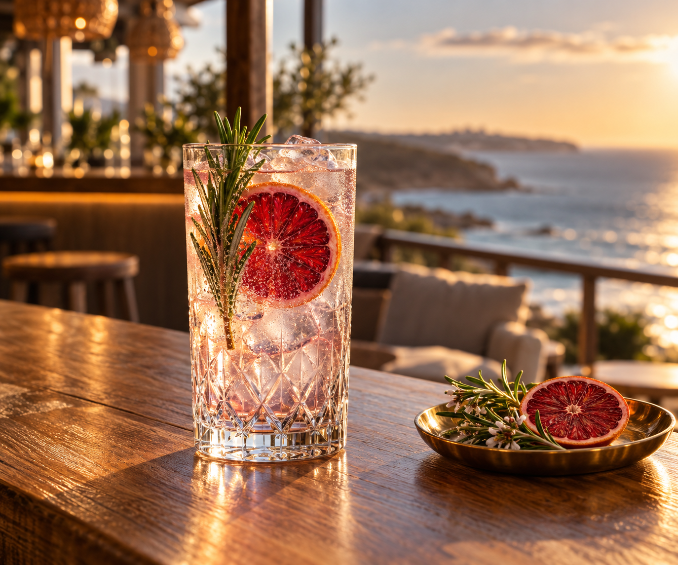 The Admiral's Cut Gin served with Fever-Tree Indian Tonic Water, garnished with Ruby grapefruit wedge and Rosemary sprig