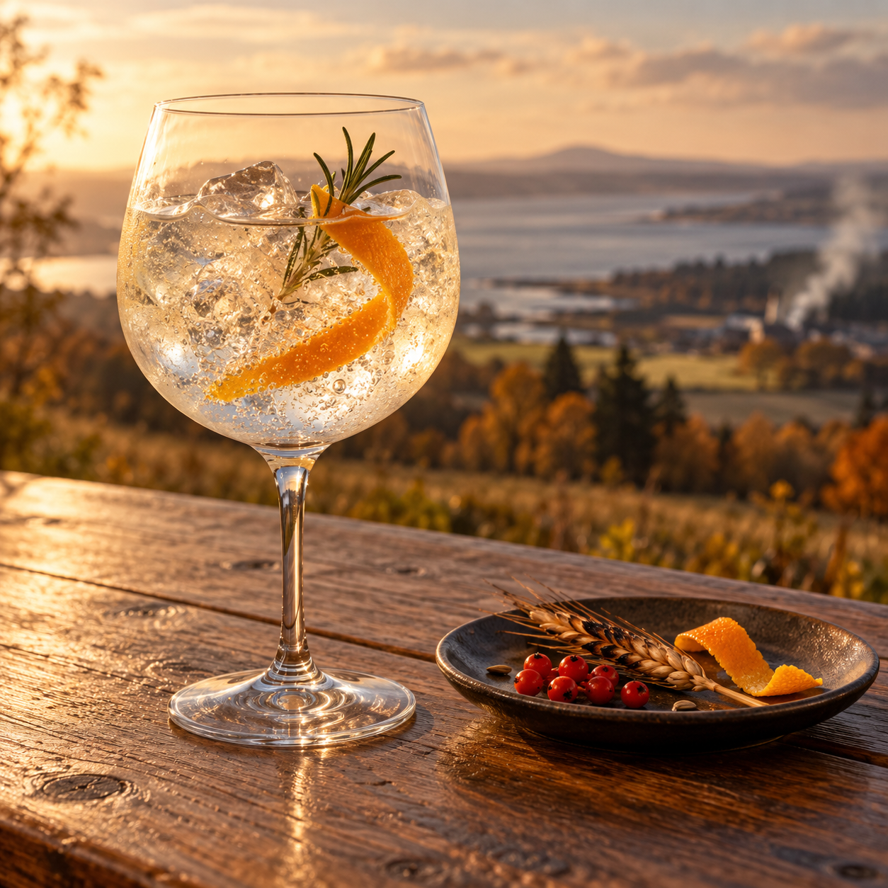 Smoke and Zest Darnley's Gin Limited Edition served with Fever-Tree Indian Tonic Water, garnished with Orange twist and Thyme sprig