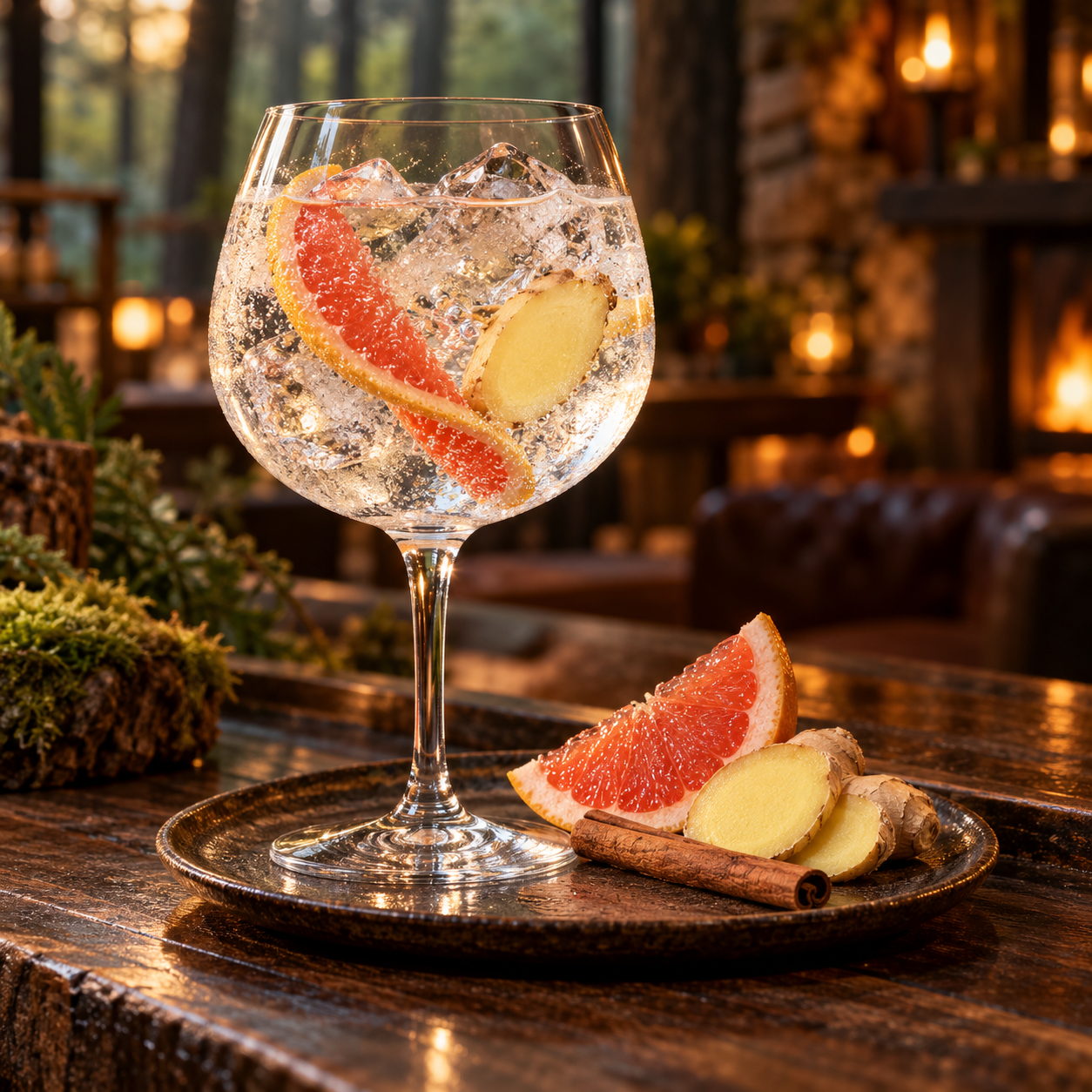 Shining Cliff Spiced Gin servi avec Fever-Tree Indian Tonic Water, agrémenté de Red grapefruit wedge et Fresh ginger slice