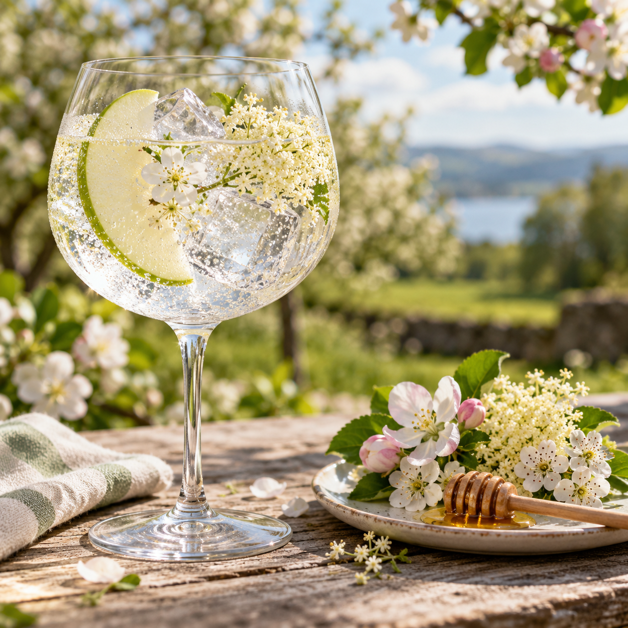 Silks Irish Dry Gin served with Fever-Tree Indian Tonic Water, garnished with Apple slice and Orange peel