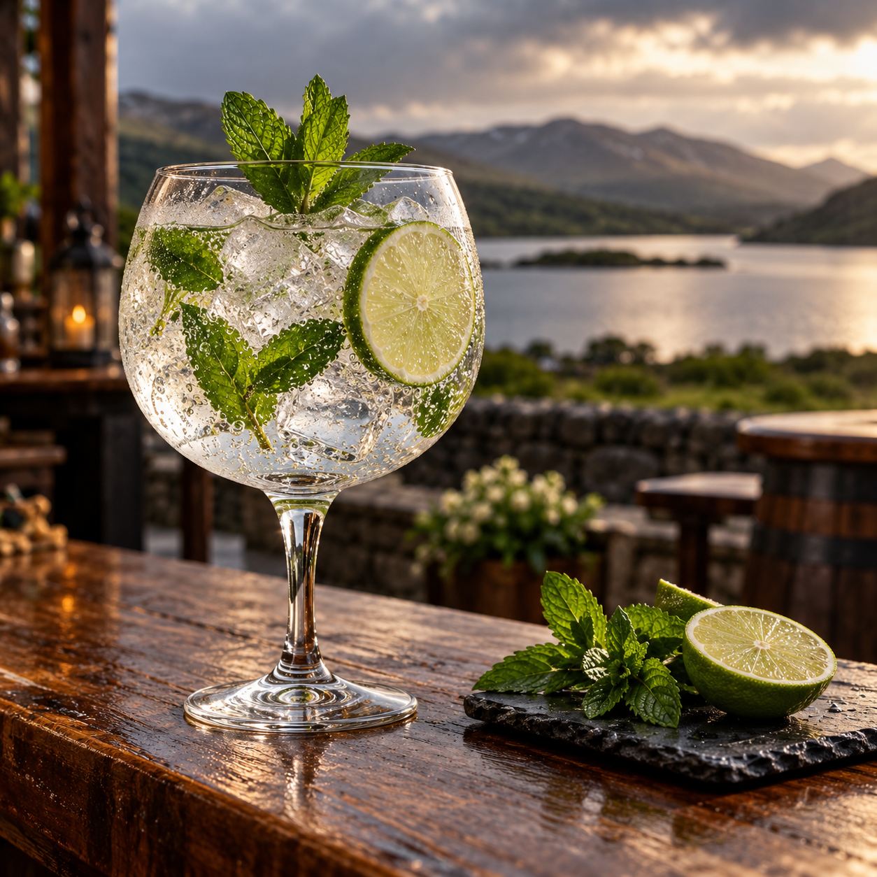 Sling Shot Gin served with Fever-Tree Indian Tonic Water, garnished with Lime wedge and Mint sprig
