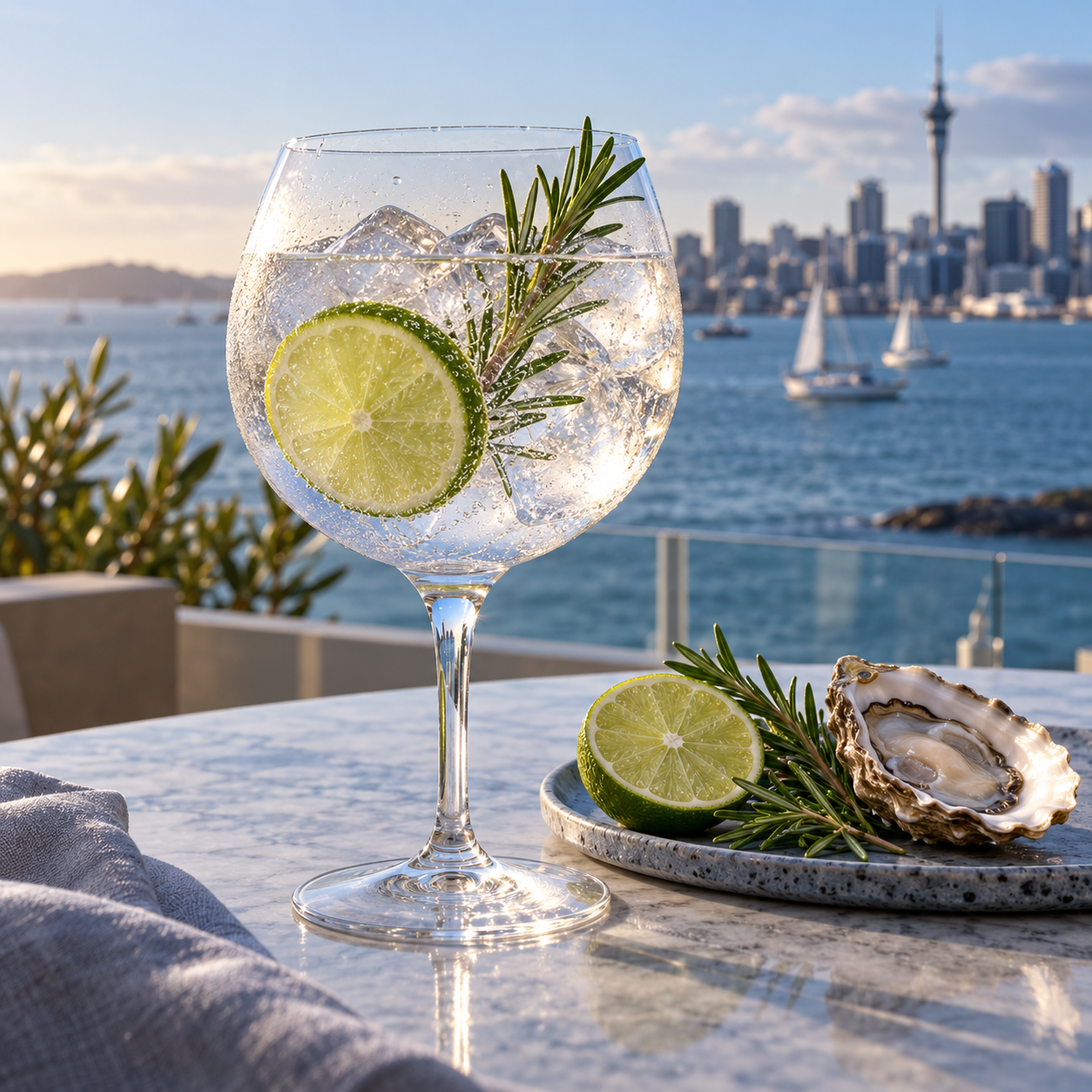 Sea Lovers Gin served with Fever-Tree Naturally Light Tonic Water, garnished with Lime wedge and Rosemary sprig