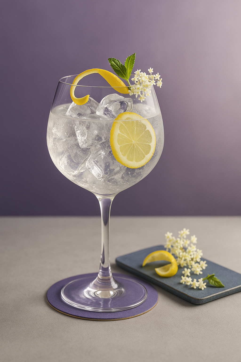 BUSS N°509 Elderflower Gin served with Thomas Henry Tonic Water, garnished with Lemon twist and Fresh elderflower heads