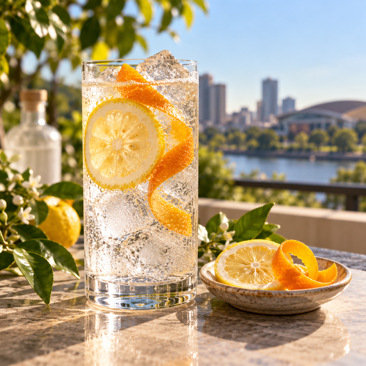 Yuzu & Mandarin Gin servi avec Fever-Tree Indian Tonic Water, agrémenté de Yuzu wheel et Mandarin peel
