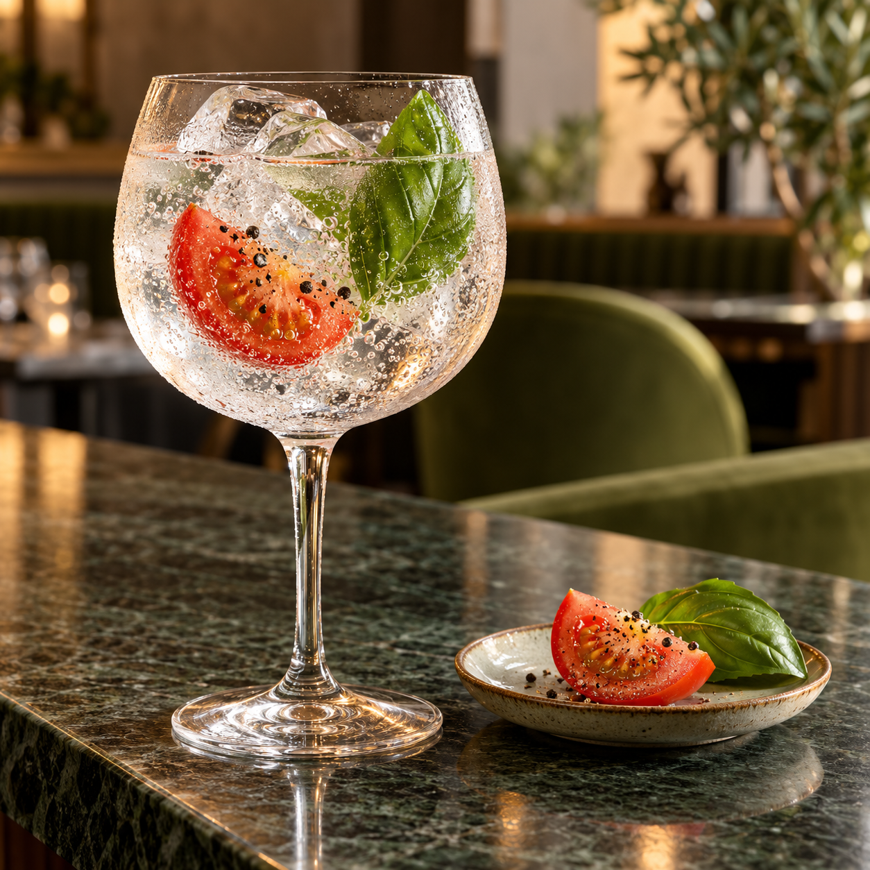 Tomato & Basil Gin served with Fever-Tree Indian Tonic Water, garnished with Tomato wedge and Basil leaf