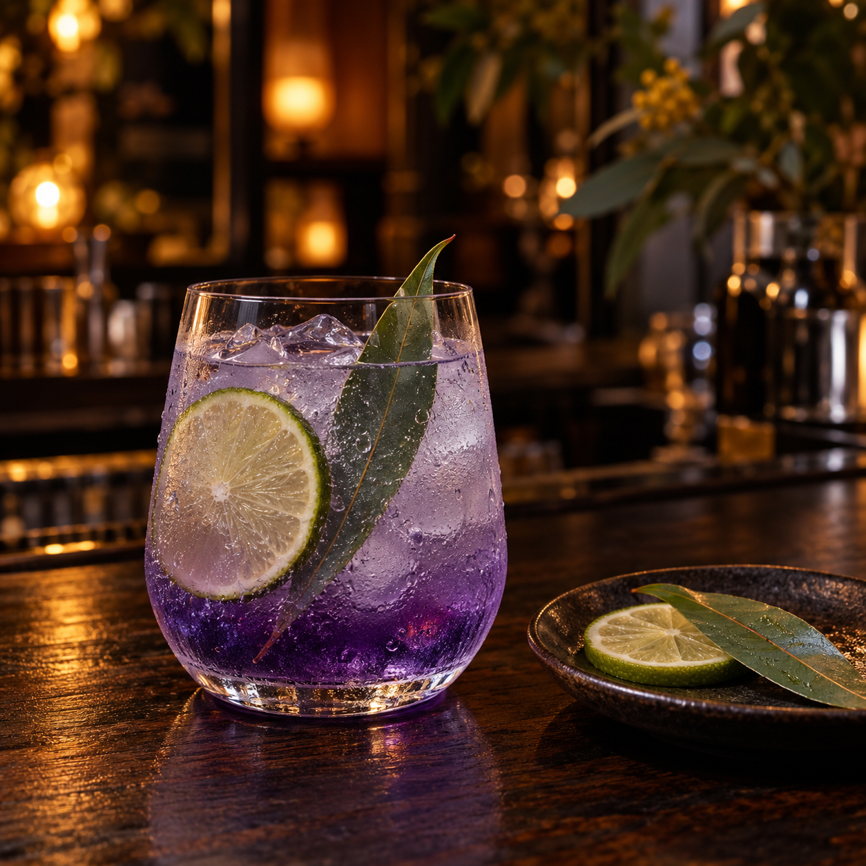 Moonlight Gin served with Fever-Tree Ginger Ale, garnished with Lemon-scented gum leaf