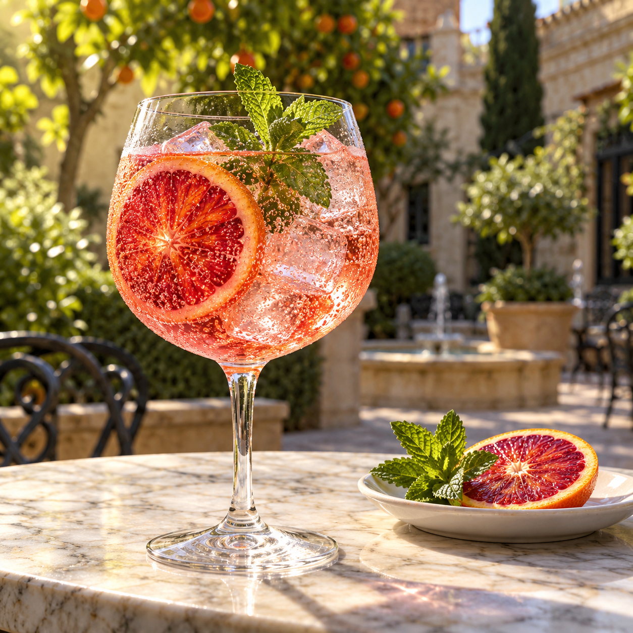 Blood Orange Gin served with Fever-Tree Indian Tonic Water, garnished with Blood orange wheel and Mint sprig