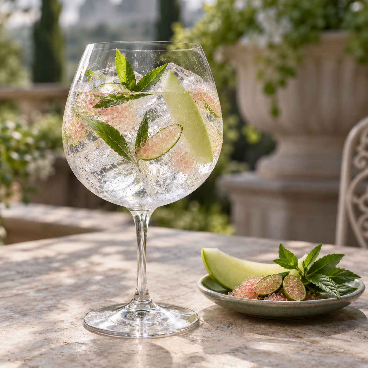 Otahuna Chapter One Gin served with Fever-Tree Indian Tonic Water, garnished with Lemon twist and Vietnamese mint leaf