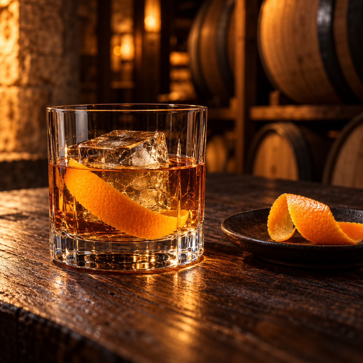 Poltergeist Barrel Aged Gin servi, agrémenté de Orange twist