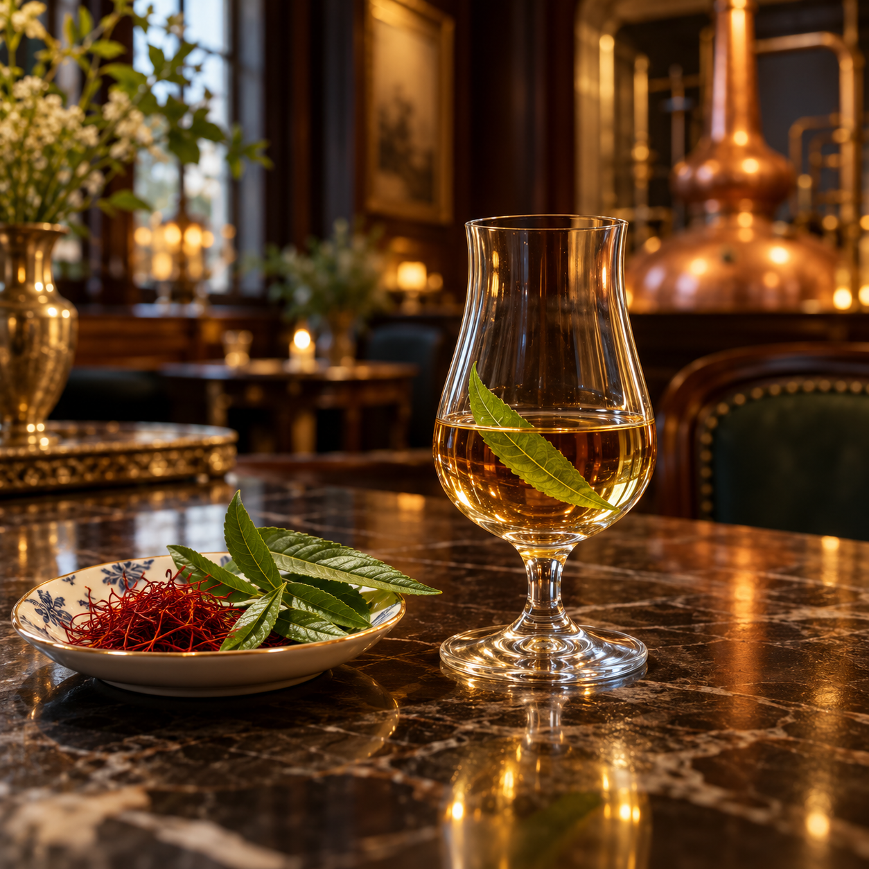 NOLET'S Gin Reserve served, garnished with Verbena leaf and Saffron threads