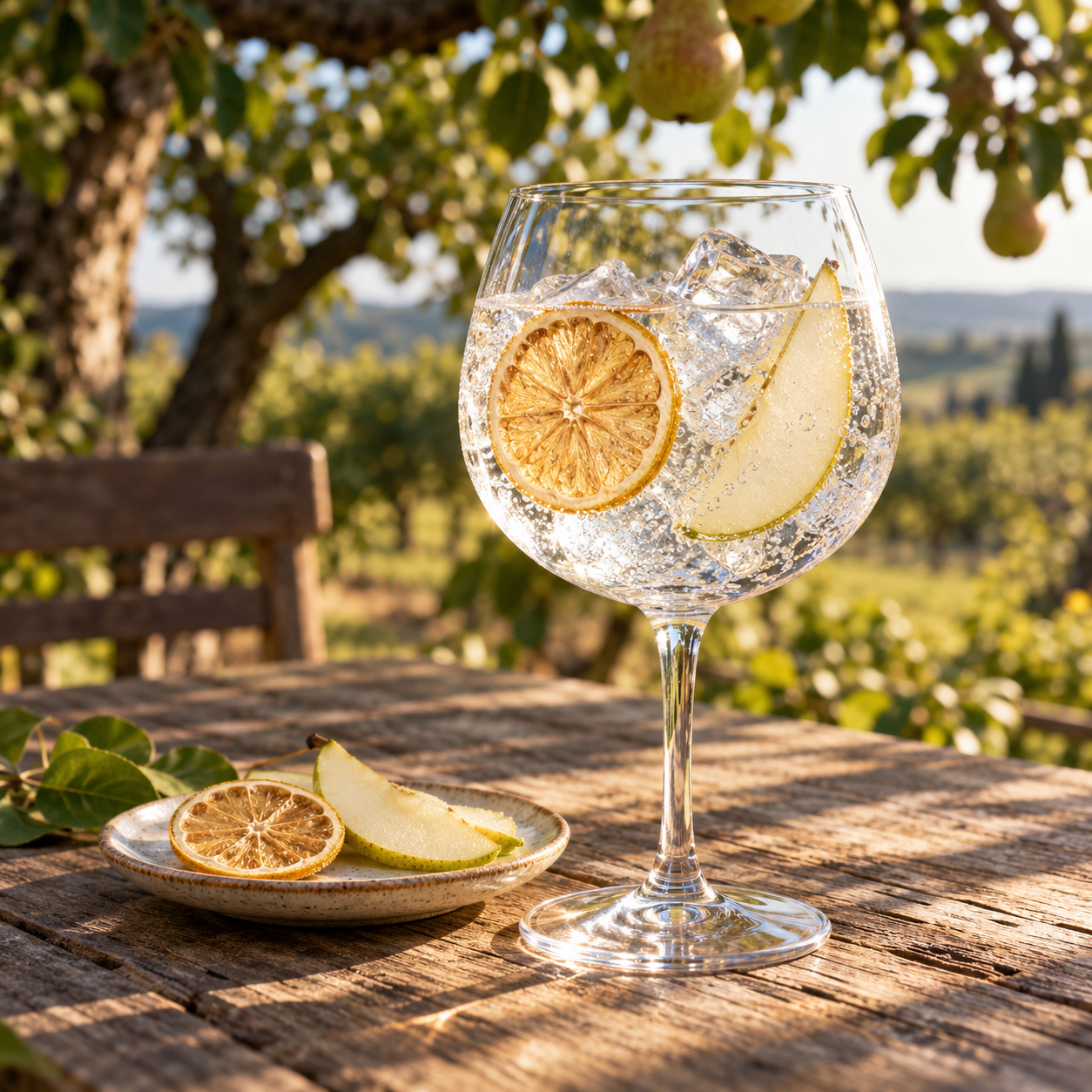 Orchard Gin served with Fever-Tree Indian Tonic Water, garnished with Dried lemon slice and Pear slice
