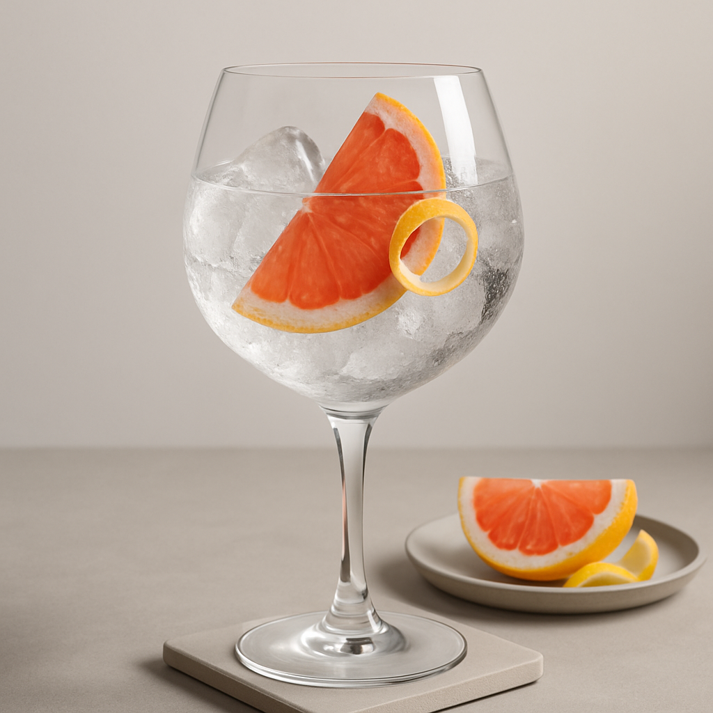 Buss N°509 Master Cut Gin served with Thomas Henry Tonic Water, garnished with Yellow lemon peel twist and Pink grapefruit slice