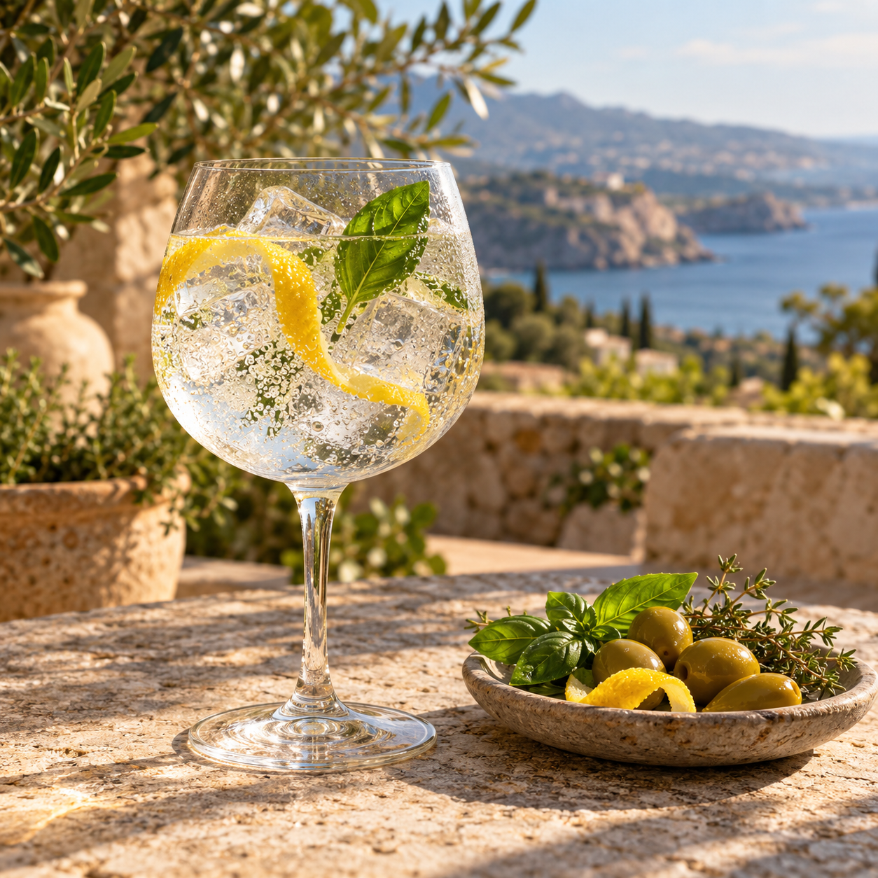 Míl Mediterranean Style Gin servi avec Fever-Tree Indian Tonic Water, agrémenté de Lemon twist et Basil leaf