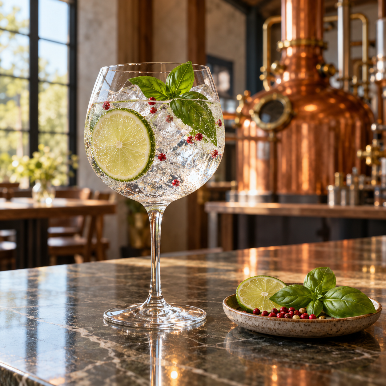 Massy Gin served with Fever-Tree Indian Tonic Water, garnished with Lime wheel and Basil leaf