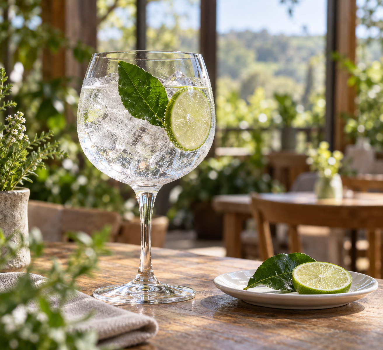 Little Juniper Signature Gin served with Fever-Tree Mediterranean Tonic Water, garnished with Lime wheel and Lime leaf