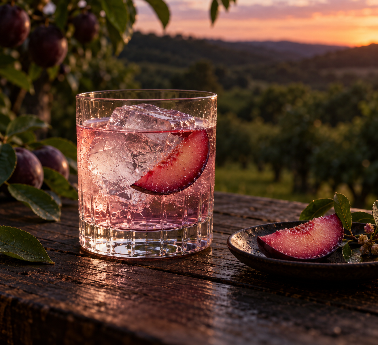 Little Juniper Rare Plum Gin servi, agrémenté de Plum slice