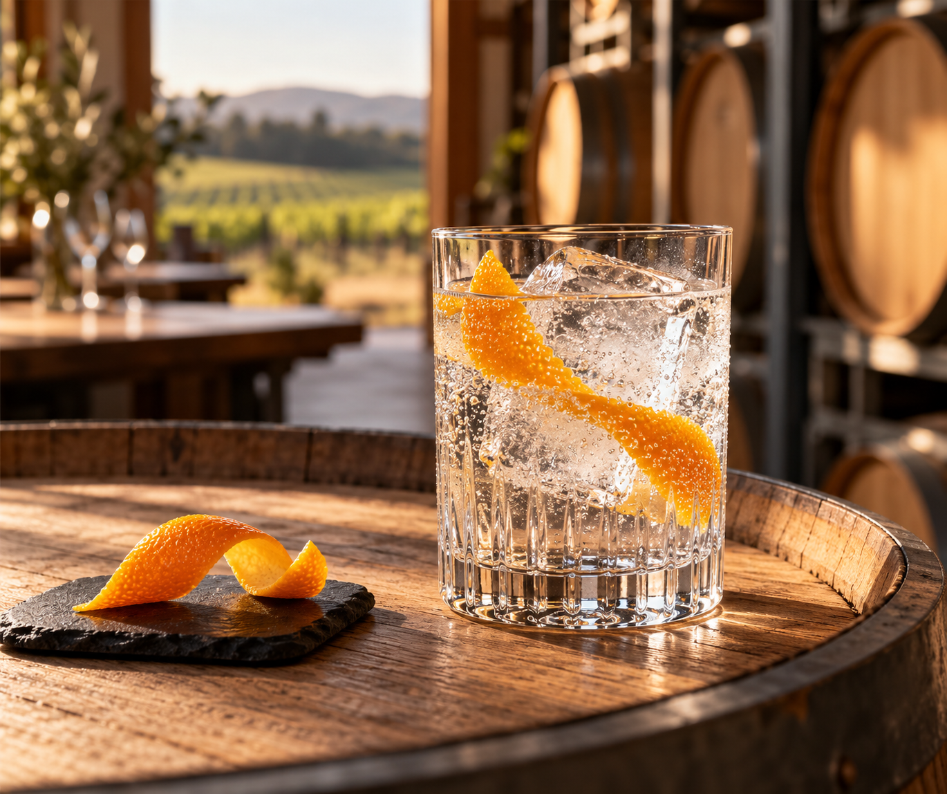 Lighthouse Barrel Aged Gin served with Fever-Tree Indian Tonic Water, garnished with Orange twist