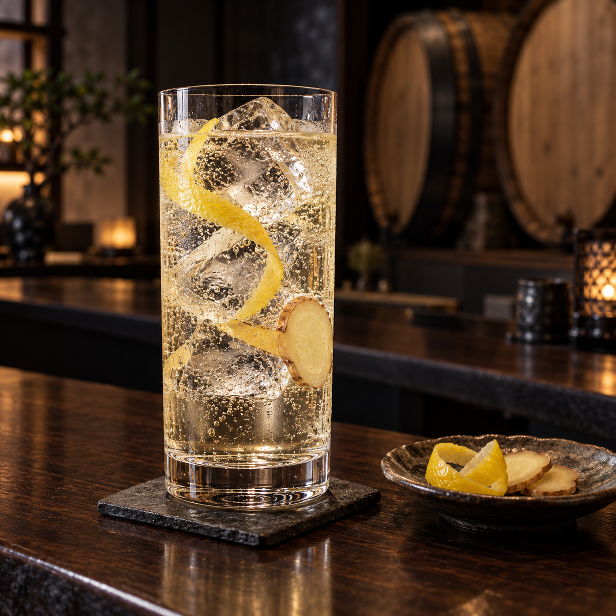 KI NO BI Edition K served, garnished with Lemon twist and Ginger slice