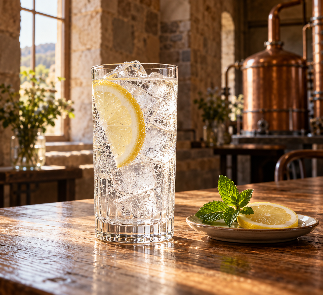 Joadja Dry Gin served with Fever-Tree Indian Tonic Water, garnished with Lemon wheel and Mint sprig