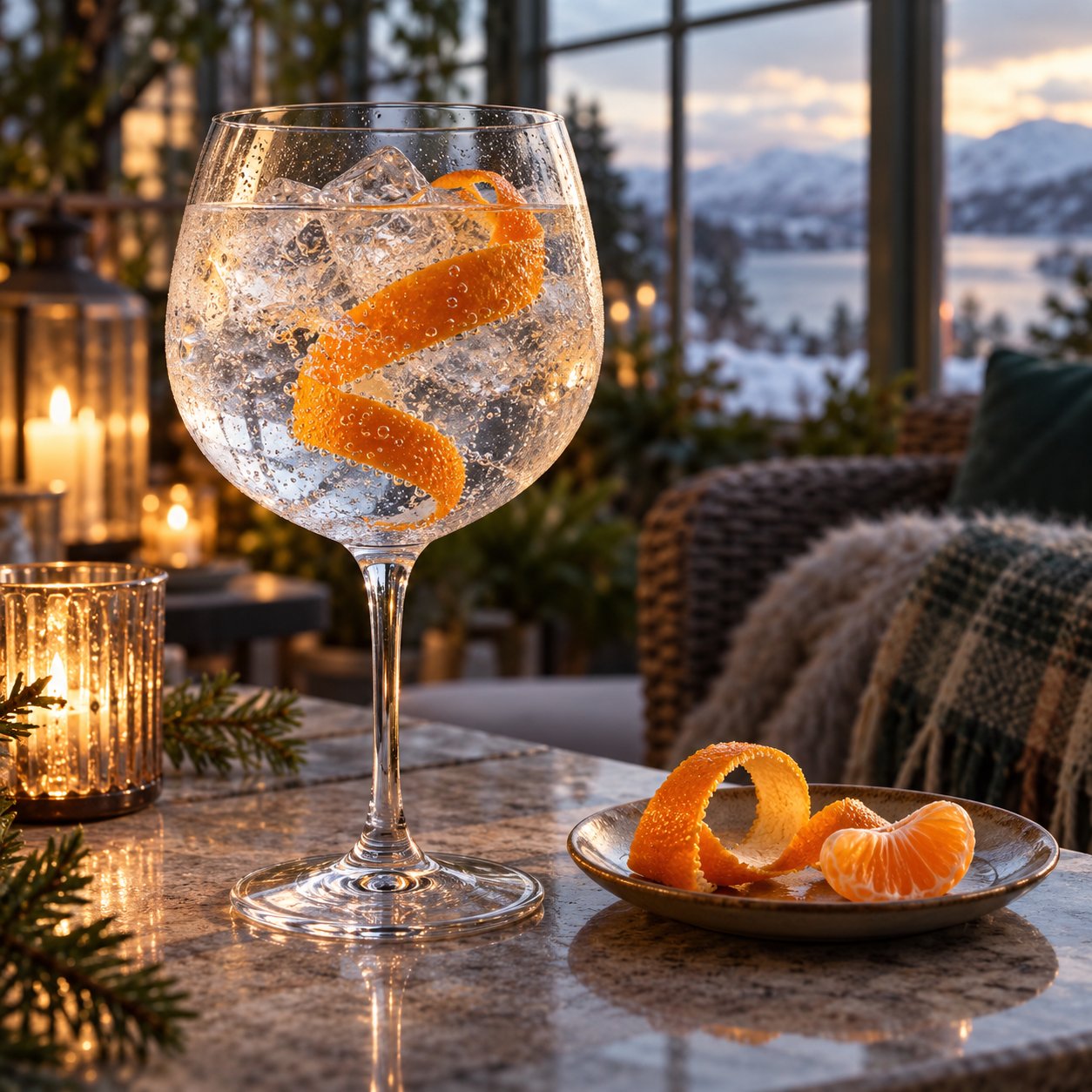 Hrafn Winter Gin served with Fever-Tree Refreshingly Light Indian Tonic Water, garnished with Mandarin twist and Mandarin segment