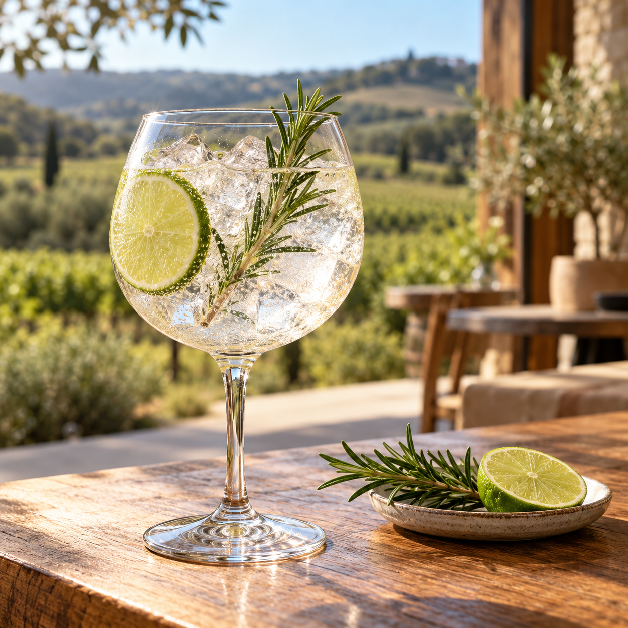 Botanic Gin served with Fever-Tree Mediterranean Tonic Water, garnished with Rosemary sprig and Lime wheel