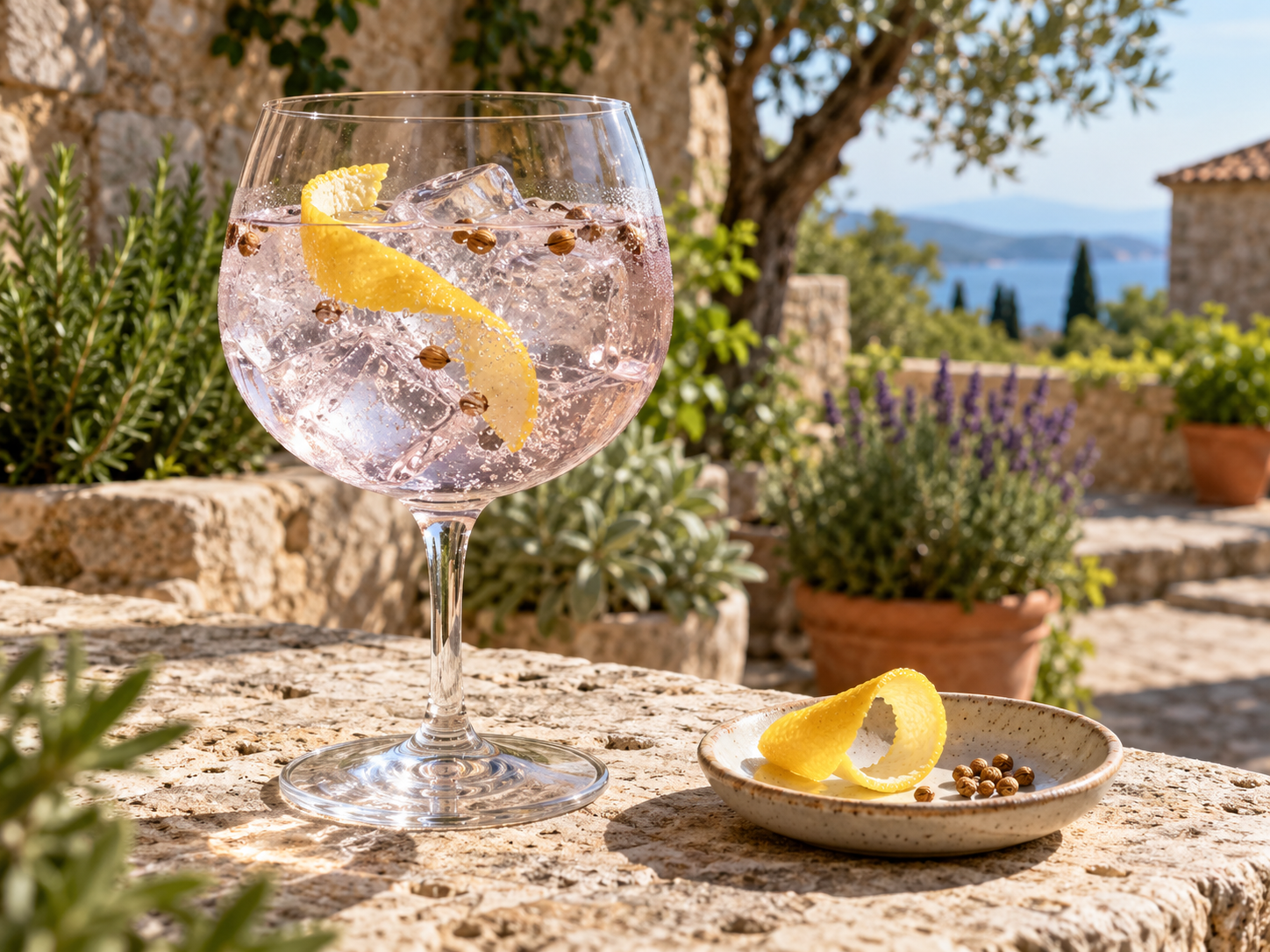 Flying Goat Istrian Dry Gin Purple Edition served with Fever-Tree Indian Tonic Water, garnished with Lemon twist