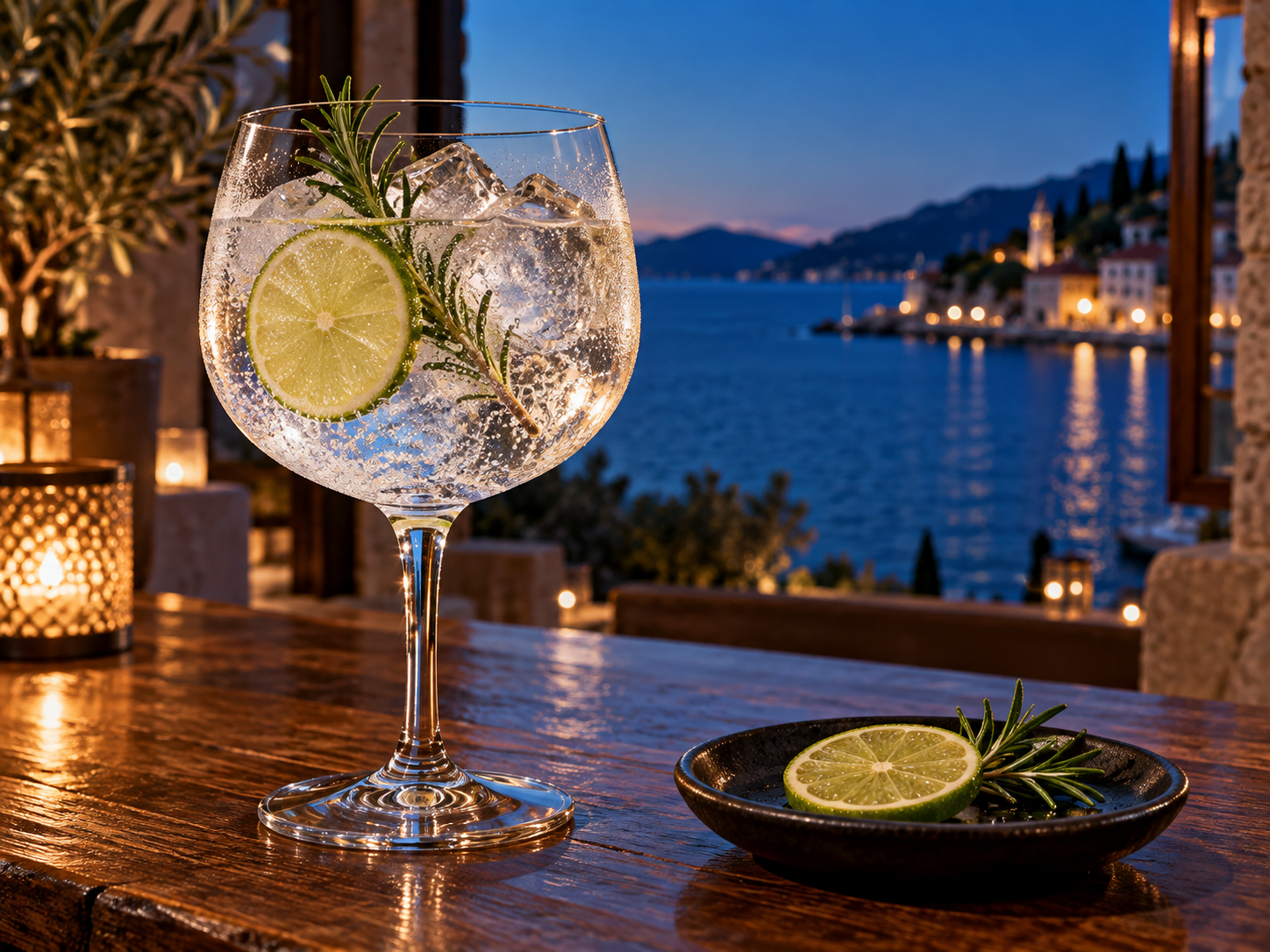 Flying Goat Navy Strength Gin served with Fever-Tree Indian Tonic Water, garnished with Lime wheel and Rosemary sprig