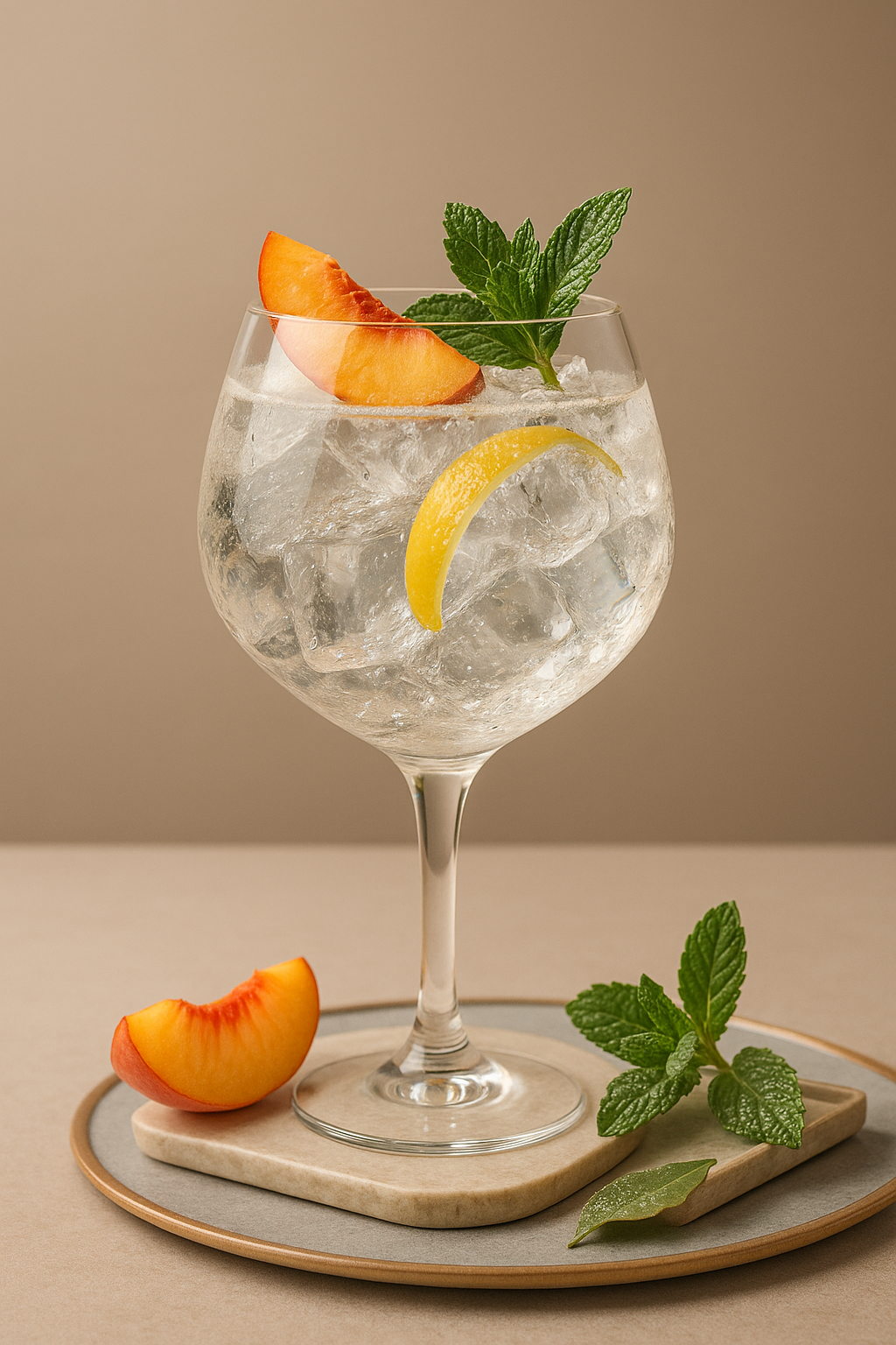 BUSS N°509 Persian Peach Gin servi avec Thomas Henry Tonic Water, agrémenté de Fresh peach slice et Mint sprig