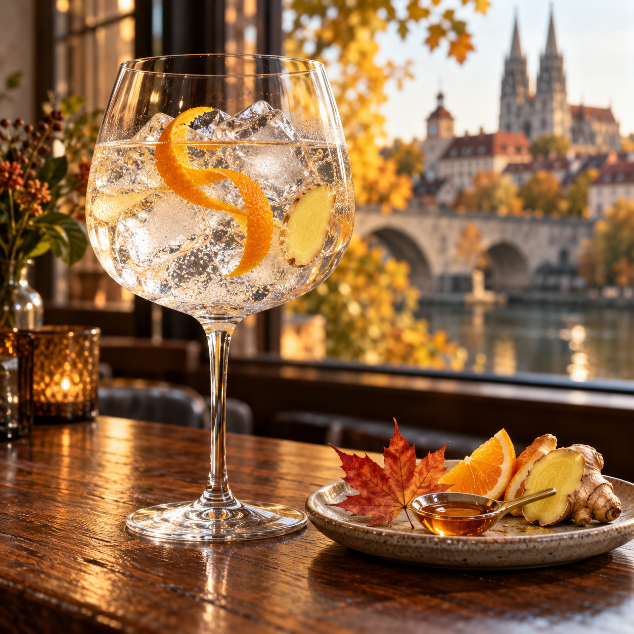 Eisvogel Gin Maple Edition served with Fever-Tree Indian Tonic Water, garnished with Orange twist and Fresh ginger slice