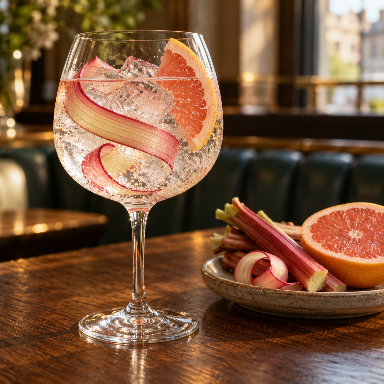 Dublin City Gin served with Fever-Tree Indian Tonic Water, garnished with Rhubarb ribbon and Pink grapefruit slice