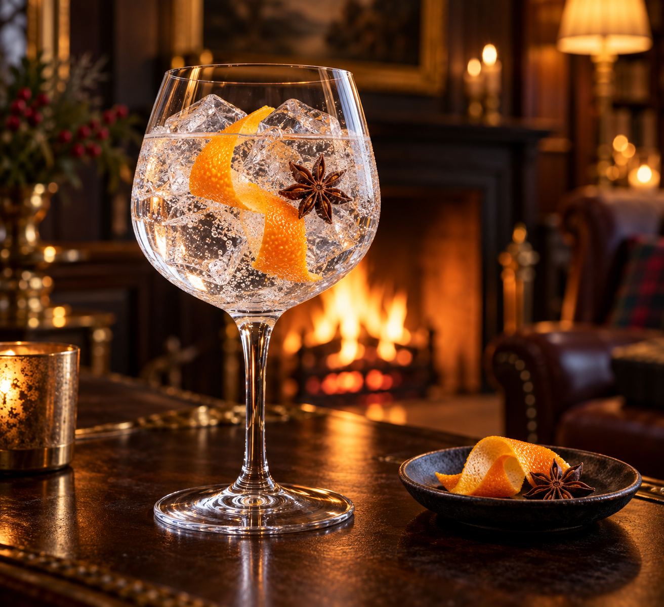 Boatyard Winter Solstice Gin served with Fever-Tree Indian Tonic Water, garnished with Orange twist and Star anise