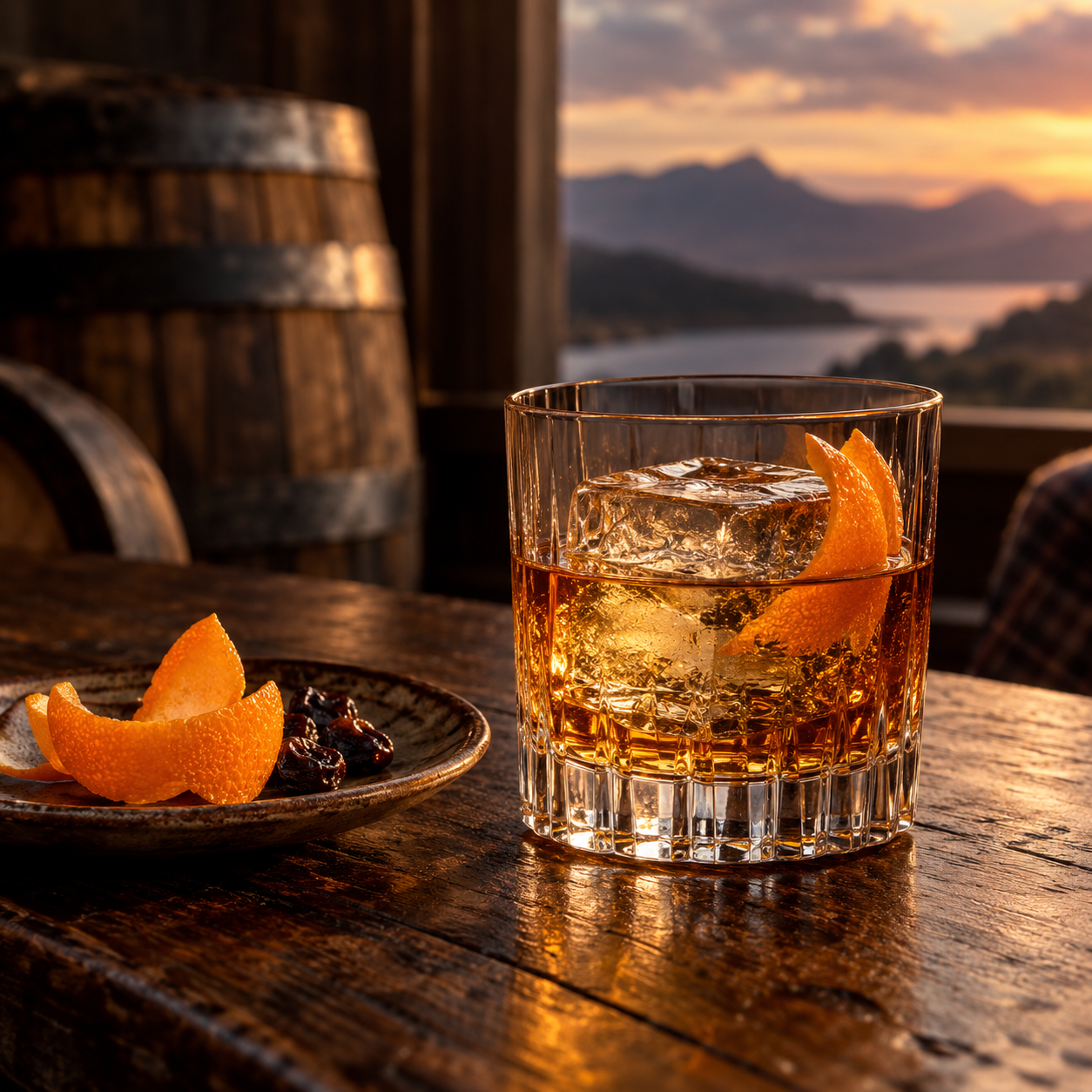 Crossbill Cask Aged Gin - Fifth Edition servi, agrémenté de Orange twist