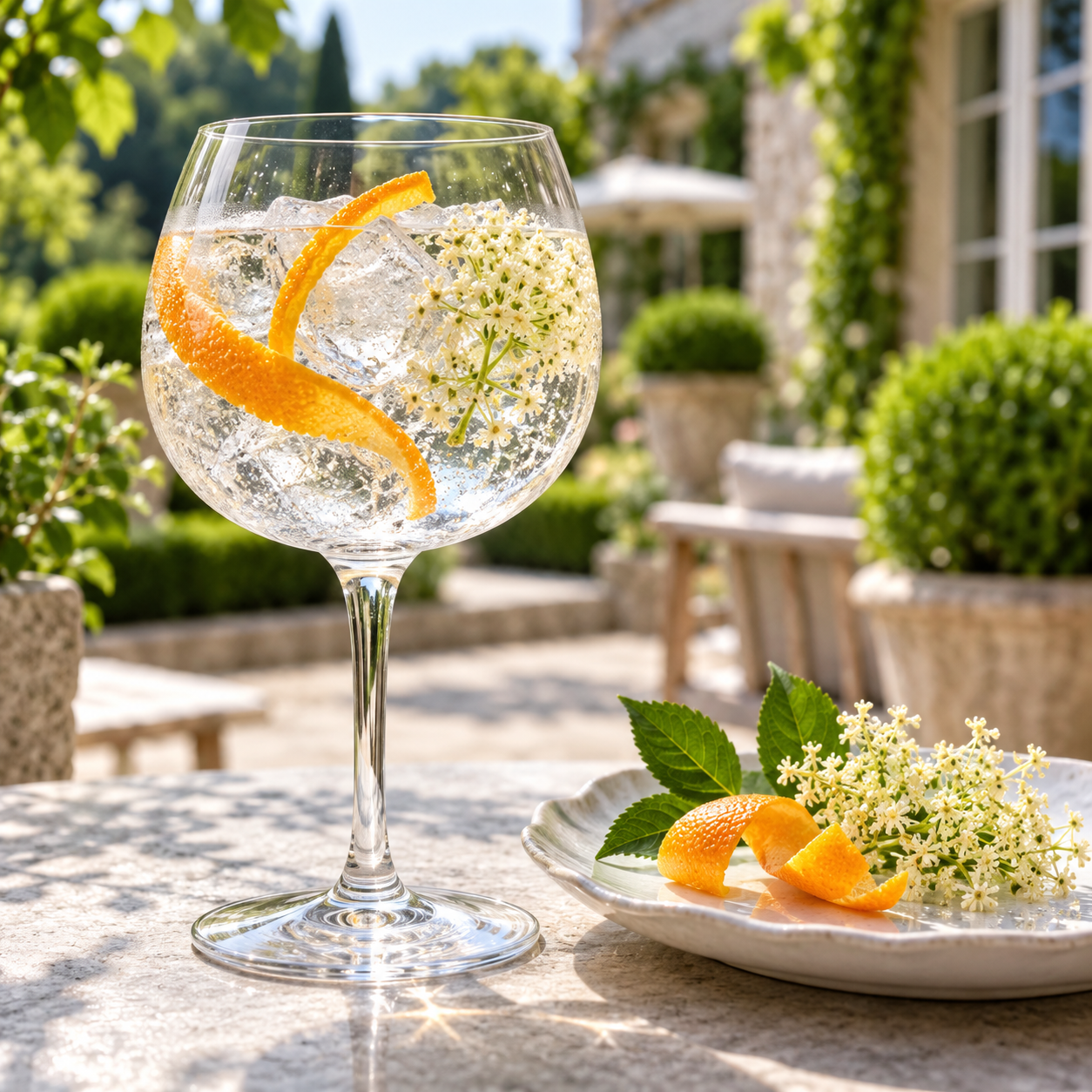 Baldwin's Premium Distilled Gin served with Fever-Tree Indian Tonic Water, garnished with Orange peel and Elderflower