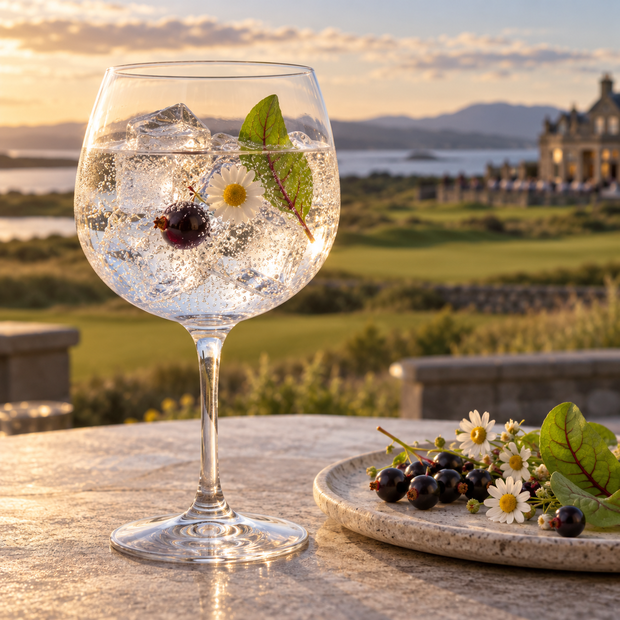 The 154th Open Special Edition Gin served with Fever-Tree Indian Tonic Water, garnished with Blackcurrant and Wild chamomile