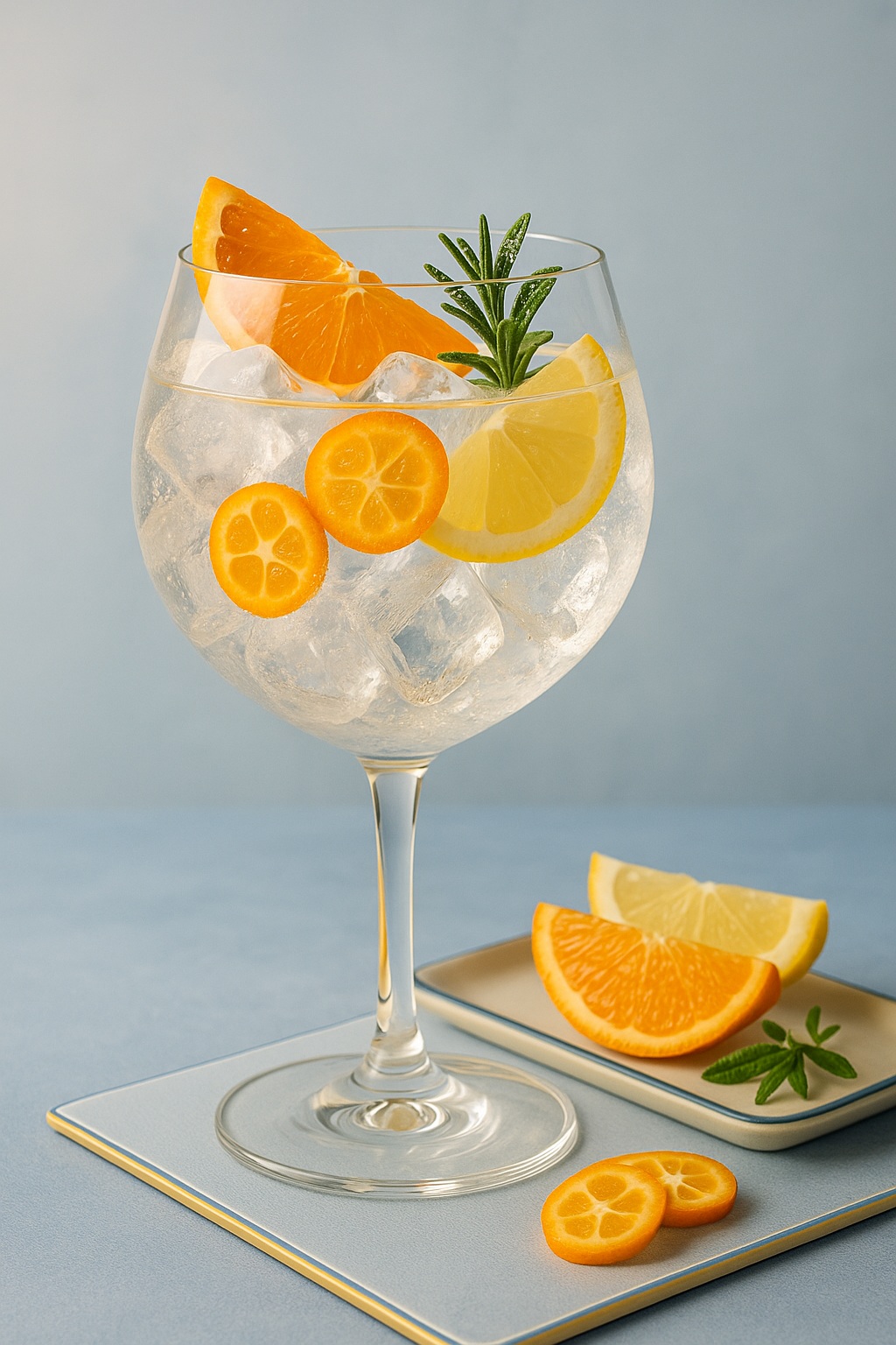 Cala Kumquat Gin servi avec East Imperial Burma Tonic Water, agrémenté de Organic kumquat slices et Orange quarters