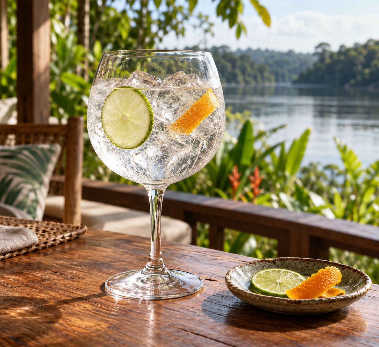 Amázzoni Gin Rio Negro servi avec Fever-Tree Indian Tonic Water, agrémenté de Lemon twist et Bay leaf