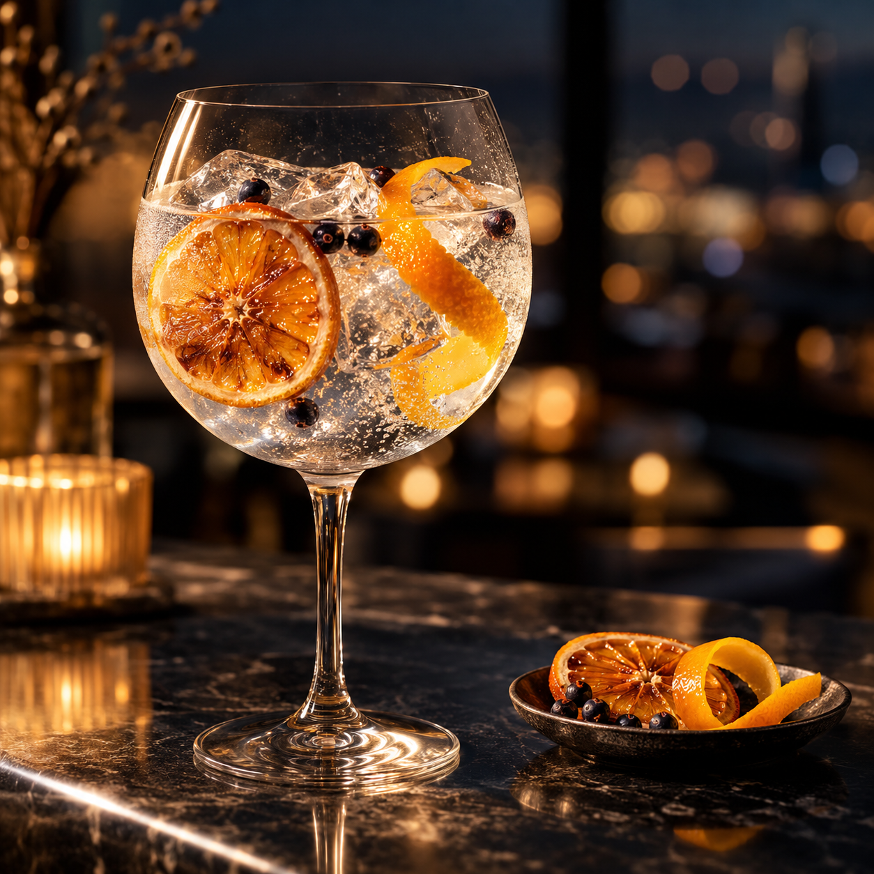 Astra served with Fever-Tree Indian Tonic Water, garnished with Orange twist