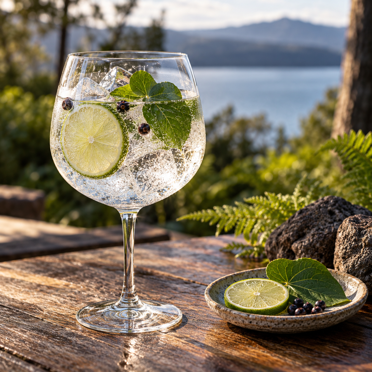 5 Mile Forest Gin served with Fever-Tree Indian Tonic Water, garnished with Lime wheel and Kawakawa leaf