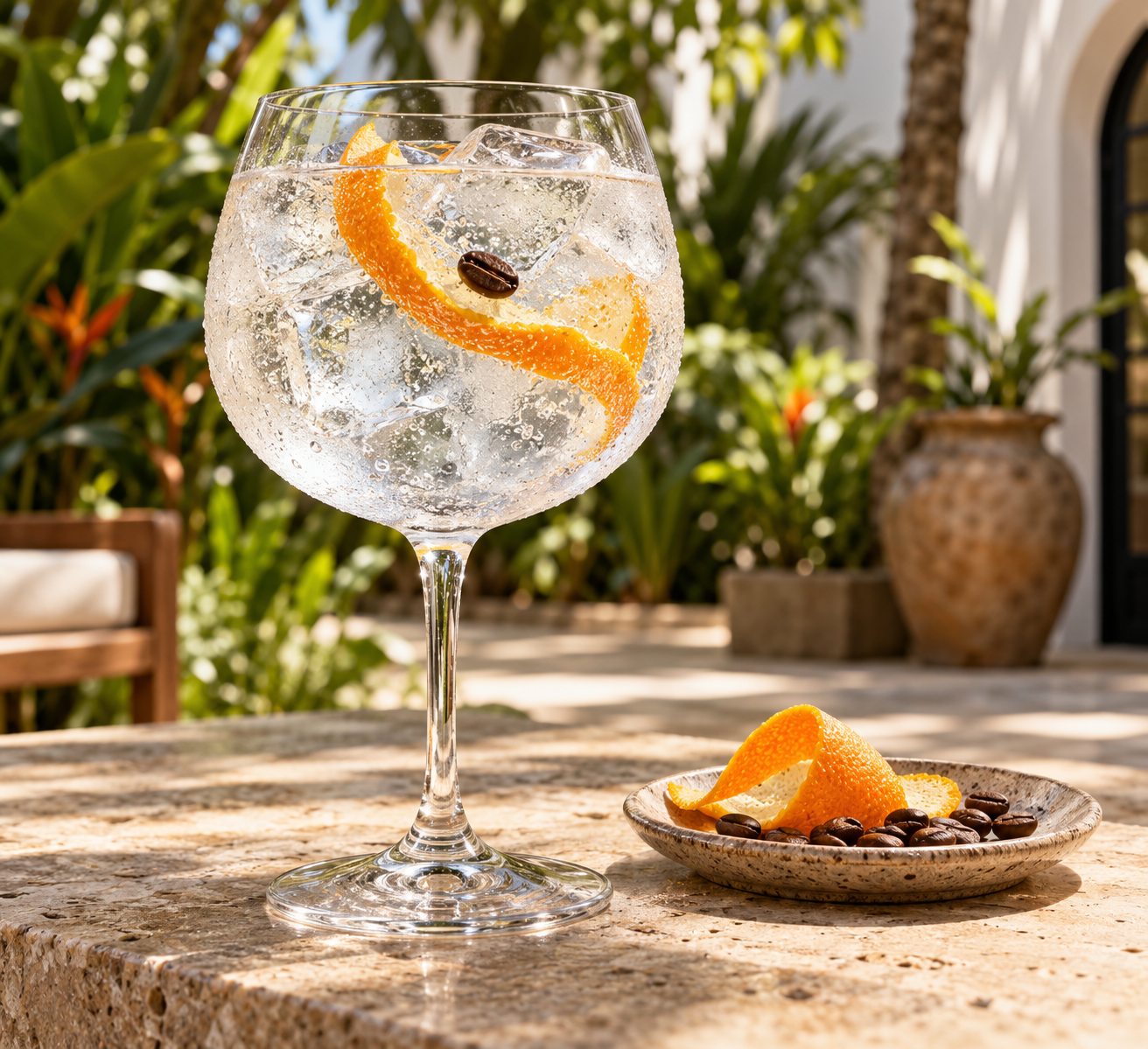Alma by Sanctvm Brazilian Dry Gin served with Fever-Tree Indian Tonic Water, garnished with Orange twist and Coffee beans