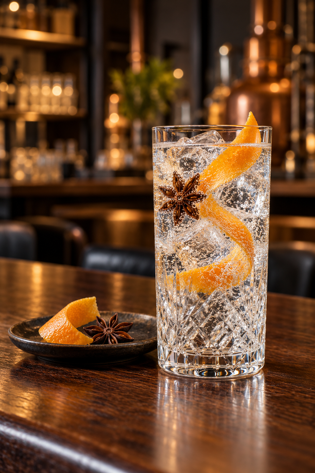 Alpha Street Gin servi avec Fever-Tree Indian Tonic Water, agrémenté de Orange twist et Star anise