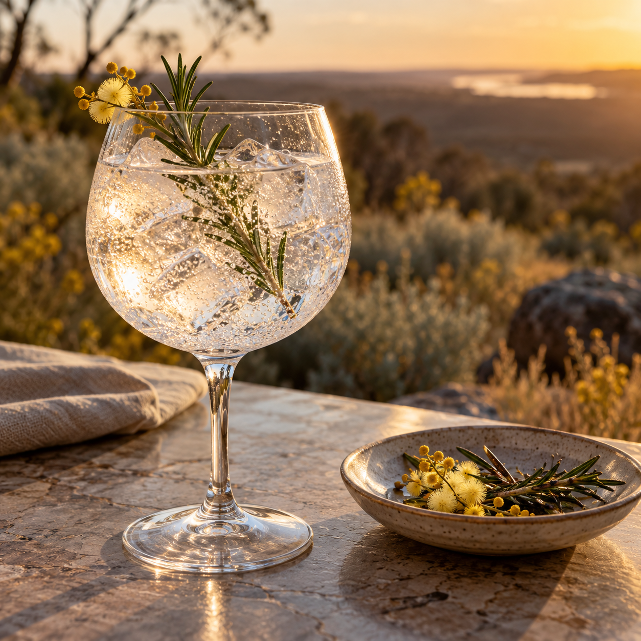 2025 Ravensthorpe Wildflower Gin Limited Release served with Fever-Tree Indian Tonic Water, garnished with Rosemary sprig and Vanilla acacia blossom