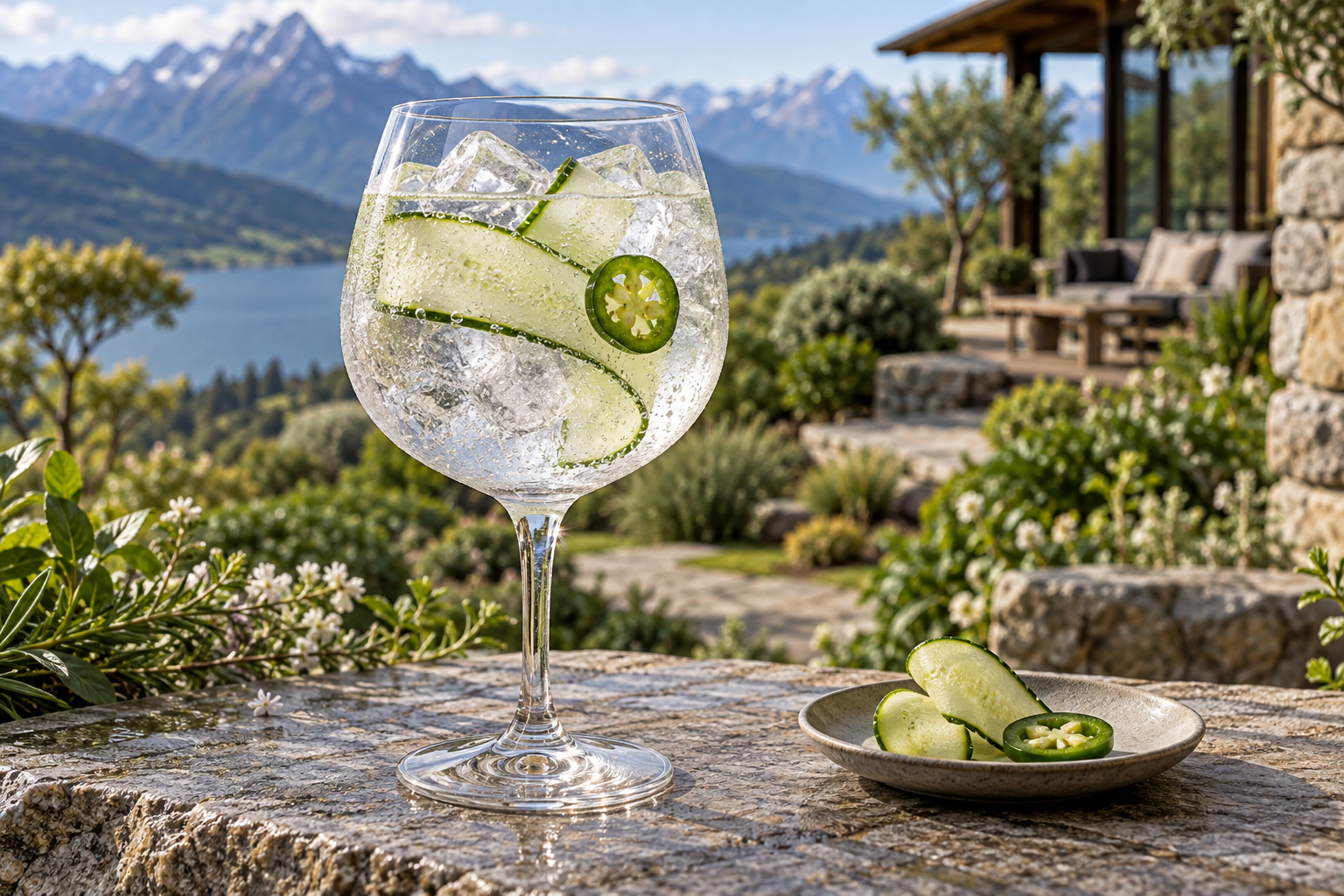 13 Peaks Cucumber Jalapeño Gin served with Fever-Tree Indian Tonic Water, garnished with Cucumber ribbon and Jalapeño slice