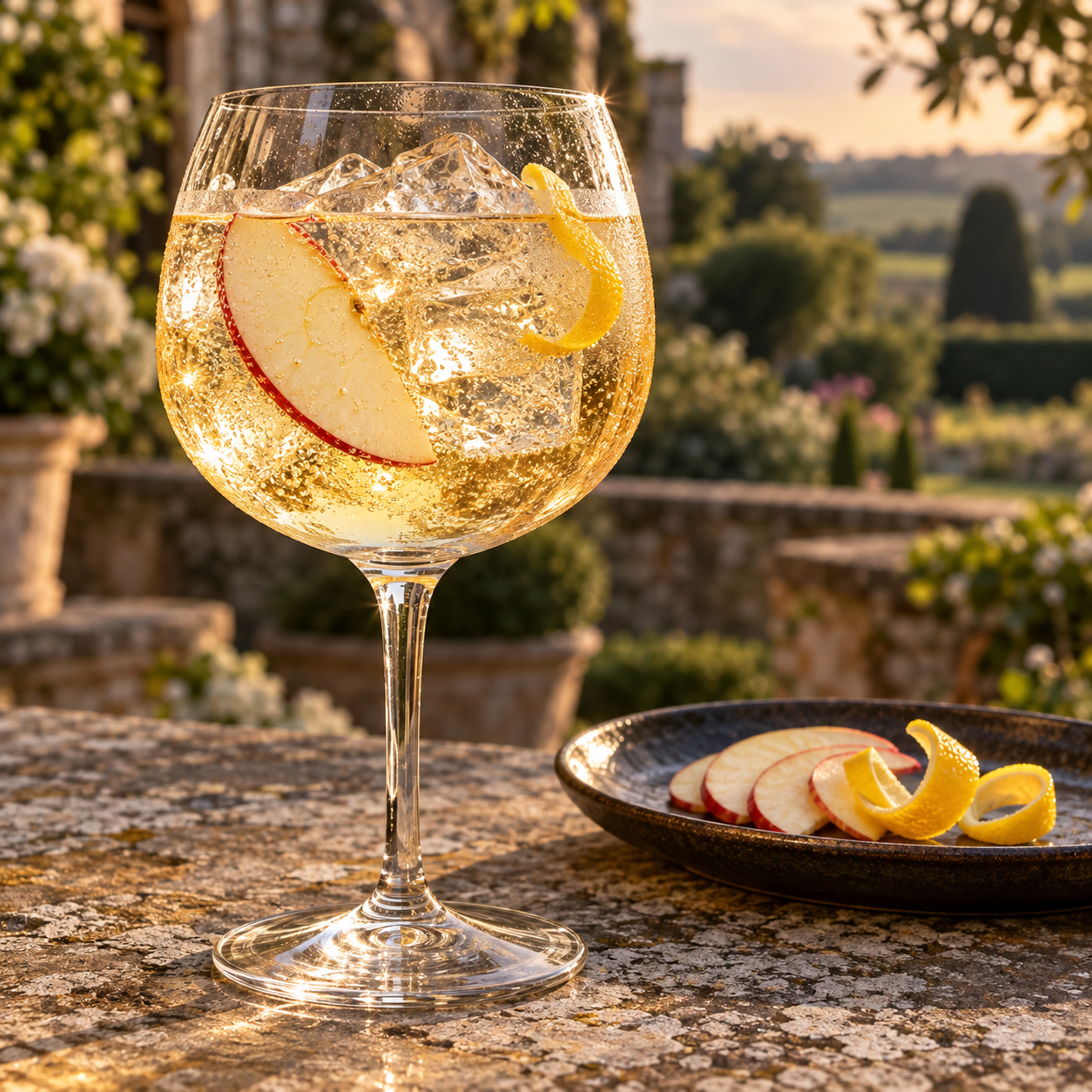 Poison Garden Cask Aged Gin served with Fever-Tree Indian Tonic Water, garnished with Apple slice and Lemon peel