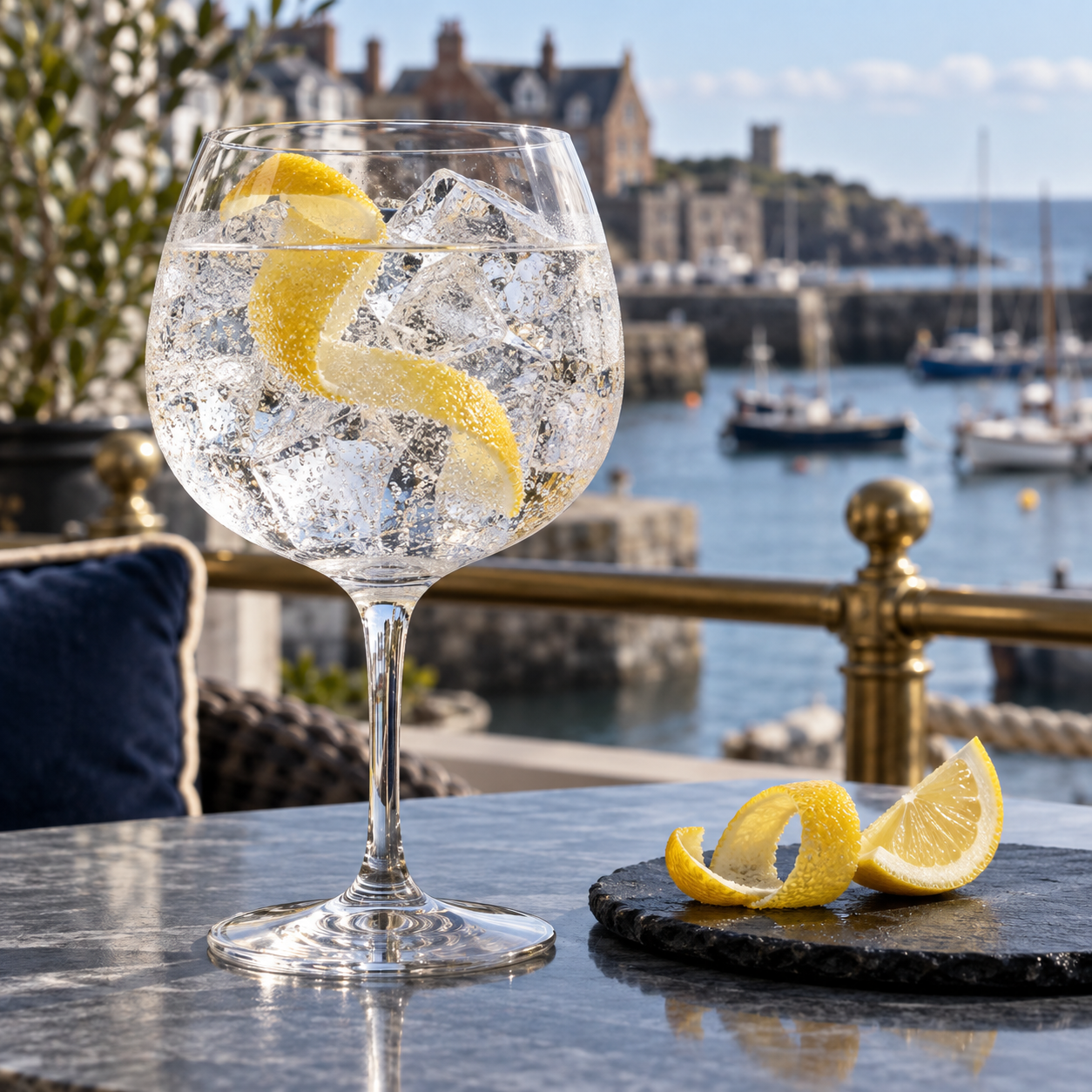 Portsmouth 100 Navy Strength Gin served with Fever-Tree Indian Tonic Water, garnished with Lemon peel